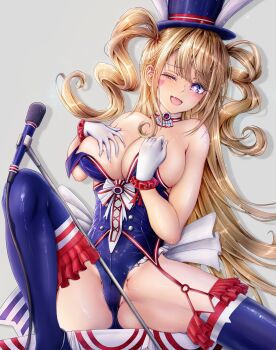 1girl absurdres animal_ears azur_lane blonde_hair blue_footwear blue_leotard blue_thighhighs boots breasts commander_kei facial_mark fake_animal_ears fang gloves guam_(azur_lane) guam_(stage-setting_charmer)_(azur_lane) hands_on_own_chest hat heart heart_facial_mark highres large_breasts leotard long_hair looking_at_viewer microphone_stand official_alternate_costume playboy_bunny rabbit_ears sitting skin_fang spread_legs star-shaped_pupils star_(symbol) symbol-shaped_pupils thigh_boots thighhighs top_hat undersized_breast_cup very_long_hair white_gloves