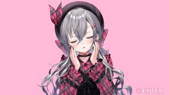 Rule 34 | 1girl, beret, black choker, black hat, choker, closed eyes, commentary request, copyright notice, crossed bangs, double-parted bangs, earclip, frilled shirt, frills, grey hair, hair between eyes, hair ornament, hairclip, hands up, hat, highres, hololive, hololive dev is, isaki riona, long hair, low twintails, official art, open mouth, pink background, plaid clothes, plaid shirt, purple shirt, runlan 0329, shirt, simple background, solo, twintails, virtual youtuber