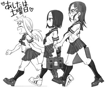 Rule 34 | 3girls, briefcase, closed eyes, closed mouth, from side, full body, greyscale, heart, hibino mina, highres, holding, holding briefcase, karakai jouzu no takagi-san, kneehighs, loafers, looking ahead, monochrome, multiple girls, neckerchief, open mouth, pleated skirt, profile, sailor collar, school briefcase, school uniform, serafuku, shirt, shoes, skirt, smile, sneakers, socks, tenkawa yukari, thick eyebrows, tsukimoto sanae, waa153, walking, white background
