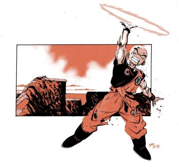 1boy bald bald_male blood dragon_ball injury kienzan kuririn looking_at_viewer muscular muscular_male serious solo torn_clothes