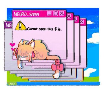 Rule 34 | ahchive be, ahoge, animal focus, animal with hair, animalization, bliss (image), blue sky, border, bow, cat, closed eyes, cloud, desktop (computing), drop shadow, error message, evil neuro-sama, hair ribbon, hashtag-only commentary, heart, microsoft windows, neuro-sama, no humans, orange cat, red bow, ribbon, sign, sky, sleeping, tail, tail bow, tail ornament, taskbar, two side up, vedal ai, warning sign, white border, windows xp
