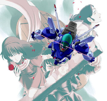 1980s_(style) 2boys 2girls anna_stephanie aoki_ryuusei_spt_layzner asuka_eiji eiji_asuka flower julia_asuka layzner mecha multiple_boys multiple_girls oldschool retro_artstyle robot rose sword weapon