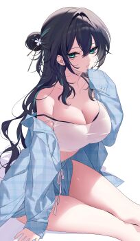 1girl absurdres alternate_costume aqua_eyes bare_shoulders black_bra black_hair blue_jacket blue_shorts bra bra_visible_through_clothes breasts cleavage collarbone commentary_request crop_top drawstring feet_out_of_frame hair_between_eyes hair_bun hair_ornament hairpin half_updo hand_up highres honkai:_star_rail honkai_(series) jacket korean_commentary large_breasts long_hair looking_at_viewer midriff multicolored_hair myao_(o3o333) off_shoulder parted_lips plaid_clothes plaid_jacket revision ruan_mei_(honkai:_star_rail) shirt short_shorts shorts simple_background sleeveless sleeveless_shirt solo spaghetti_strap strap_slip streaked_hair tank_top thighs underwear white_background white_shirt white_tank_top