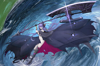 1girl absurdres armored_boots axe azur_lane battle_axe black_boots black_choker black_cloak black_gloves boots breasts choker cloak cross cross_necklace gloves groin highres holding holding_axe holding_weapon huge_weapon jewelry large_breasts long_hair looking_at_viewer low_twintails meibuwusi mogador_(azur_lane) navel necklace no_panties purple_hair revealing_clothes solo stomach torn_cloak torn_clothes twintails two-handed very_long_hair water weapon