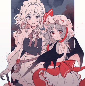 2girls apron back_cutout bat_wings blue_hair bow bowtie braid closed_mouth clothing_cutout collared_shirt commentary_request grey_hair hair_between_eyes hair_bow hat hat_ribbon highres holding holding_umbrella izayoi_sakuya long_hair long_sleeves looking_at_viewer maid_headdress mob_cap mozukuzu_(manukedori) multiple_girls pointy_ears puffy_long_sleeves puffy_short_sleeves puffy_sleeves red_bow red_bowtie red_eyes red_nails red_ribbon remilia_scarlet ribbon shirt short_hair short_sleeves smile touhou twin_braids umbrella upper_body waist_apron white_hair wings wrist_cuffs