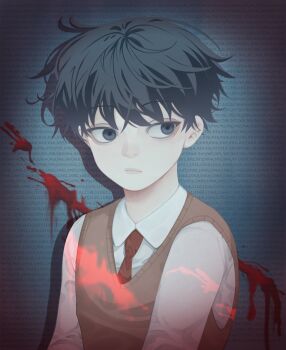 1boy :/ aegyo_sal black_eyes black_hair blood blood_splatter brown_vest collared_shirt drop_shadow english_text engrish_text highres implied_attack kim_dokja looking_to_the_side male_focus nadardoh necktie oldest_dream omniscient_reader&#039;s_viewpoint ranguage red_necktie shirt short_hair solo spotlight vest white_shirt