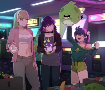 3girls :d angry_birds arcade arcade_cabinet black_jacket blonde_hair blue_hair claire_volikova crop_top green_shirt grey_pants grey_shirt hairband highres holding holding_stuffed_toy indoors jacket ji-yoon_(jourd4n) jourd4n long_hair long_sleeves looking_at_another midriff minori_yume_(jourd4n) multiple_girls navel open_clothes open_jacket open_mouth original pants pink_jacket purple_eyes purple_hair shirt single_bare_shoulder single_off_shoulder smile stomach stuffed_animal stuffed_toy thighs white_hairband