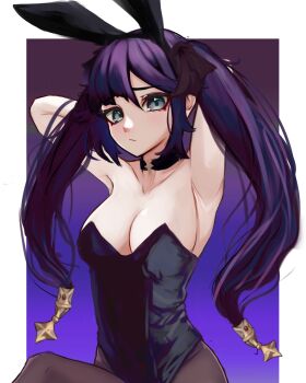 1girl absurdres animal_ear_hairband animal_ears armpits arms_behind_head bad_id bad_pixiv_id black_leotard black_pantyhose border breasts collarbone commentary fake_animal_ears genshin_impact gradient_background hair_ornament hairband highres leotard long_hair looking_at_viewer low-tied_long_hair mona_(genshin_impact) naseox outside_border pantyhose playboy_bunny purple_background purple_hair rabbit_ear_hairband rabbit_ears sitting solo strapless strapless_leotard twintails very_long_hair white_border