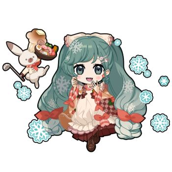 1girl :d animated animated_png apron aqua_eyes aqua_hair blinking blush boots bow braid brown_boots brown_kimono food food-themed_clothes hair_bow hakama hakama_skirt hands_up hatsune_miku hatsune_miku_graphy_collection japanese_clothes kimono long_hair looking_at_viewer low-braided_long_hair low-tied_long_hair open_mouth patterned_hair rabbit_yukine skirt smile snowflakes solo standing transparent_background twin_braids white_apron yuki_miku yuki_miku_(2024)