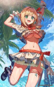 1girl alvina_zimlock arm_up atelier_(series) atelier_resleriana black_shoes blonde_hair blue_sky breasts commentary_request copyright_notice day eyelashes green_eyes highres kuroi_susumu large_breasts midriff navel official_art open_mouth palm_tree red_ribbon ribbon second-party_source shoes skirt sky solo thigh_strap tree underboob watermark web_address white_skirt wrist_cuffs