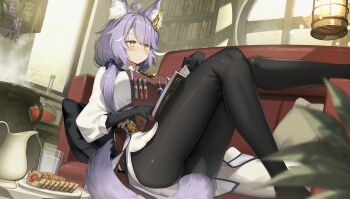 1girl ahoge animal_ears black_gloves black_pantyhose blush book bookshelf breasts cluseller cork cushion flask gloves large_breasts long_hair open_book original pantyhose potion purple_hair round-bottom_flask sitting solo tail test_tube yellow_eyes