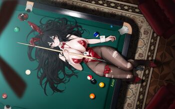 1girl :q absurdres ahoge alcohol animal_ear_hairband animal_ears azur_lane ball bare_shoulders between_breasts between_thighs billiard_ball billiards black_hair bow bowtie breasts cleavage collar commentary covered_navel crossed_bangs cue_stick cup detached_collar fake_animal_ears from_above hair_between_eyes hair_spread_out hairband high_heels highleg highleg_leotard highres holding_cue_stick huge_breasts id_card lanyard leotard long_hair looking_at_viewer lying nail_polish official_alternate_costume on_back on_table pantyhose patent_heels playboy_bunny pool_table pumps rabbit_ear_hairband rabbit_ears red_bow red_bowtie red_eyes red_leotard red_nails red_shoes red_wine shoes skindentation smile solo stiletto_heels strapless strapless_leotard table taihou_(azur_lane) taihou_(fun_on_the_baize)_(azur_lane) thick_thighs thigh_bow thigh_gap thighs tongue tongue_out torn_clothes torn_pantyhose very_long_hair white_collar white_wrist_cuffs wine wrist_cuffs yunsang