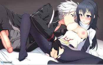 1boy 1girl average_breasts black_hair blush breast_sucking breasts crossover eiyuu_densetsu fingering gloved_fingering gloves grey_eyes hetero hole_in_pants imminent_penetration izawa_shizue long_hair looking_at_another penis penis_out pussy rean_schwarzer red_eyes spread_legs tagme tensei_shitara_slime_datta_ken trails_of_cold_steel uncensored vaginal white_hair