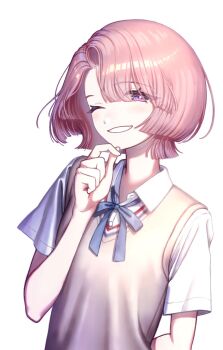 1girl ;d arimura_mao arm_behind_back asymmetrical_bangs blue_ribbon gakuen_idolmaster hand_on_own_chin hashtag-only_commentary hatsuboshi_gakuen_school_uniform highres idolmaster looking_at_viewer neck_ribbon one_eye_closed open_mouth pink_hair purple_eyes puruchamu ribbon school_uniform shirt short_hair short_sleeves simple_background smile solo stroking_own_chin summer_uniform sweater_vest upper_body white_background white_shirt white_sweater_vest