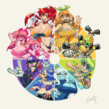 2boys 6+girls absurdres adventure_time artist_name blue_skin breasts color_wheel_challenge colored_skin commentary crossover english_commentary facial_hair flower flower_in_mouth foo_fighters_(jojo) gerph green_hair green_lips green_nails hair_over_one_eye heart heart-shaped_pupils highres ice_queen_(adventure_time) jojo_no_kimyou_na_bouken large_breasts mario_(series) medarot metabee miss_heed multiple_boys multiple_crossover multiple_drawing_challenge multiple_girls mustache nami_(one_piece) nintendo one_piece one_piece:_stampede orange_hair pink_eyes pink_hair rainbow_order red_eyes shiver_(splatoon) splatoon_(series) stone_ocean symbol-shaped_pupils tengen_toppa_gurren_lagann villainous waluigi yoko_littner
