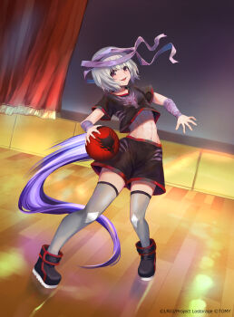 1girl ball basketball_(object) basketball_uniform black_shirt black_shoes black_shorts copyright_notice dqn_(dqnww) grey_hair long_hair looking_at_viewer official_art open_mouth ponytail red_eyes shirt shoes shorts smile solo sportswear thighhighs ulith_(wixoss) very_long_hair white_thighhighs wixoss