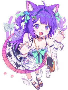 Rule 34 | 1girl, :d, ahoge, animal ear fluff, animal ears, bag, bandaged arm, bandages, black choker, black shoes, blush, bow, breasts, cat ears, cat girl, cat tail, choker, claw pose, cleavage, commentary, dress, frilled dress, frills, full body, green bow, hair ornament, highres, long hair, looking at viewer, medium breasts, mini wings, morumoru x, nail polish, open mouth, original, purple eyes, purple hair, purple nails, shoes, shoulder bag, simple background, smile, socks, solo, symbol-only commentary, tail, tail bow, tail ornament, two side up, virtual youtuber, white background, white socks, wings, wrist cuffs