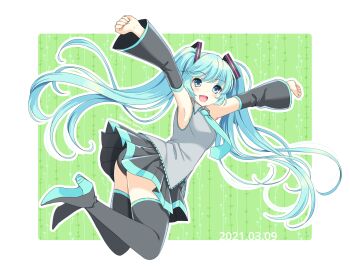 1girl :d aqua_eyes aqua_hair aqua_necktie aqua_trim armpits arms_up bare_shoulders black_boots black_panties black_skirt black_sleeves blush boots border breasts clenched_hands collared_shirt colored_shoe_soles commentary dated detached_sleeves floating_hair front_slit full_body green_background grey_shirt hair_ornament happy hatsune_miku highres jumping legs_up long_hair long_sleeves looking_at_viewer medium_breasts midair miniskirt necktie open_mouth outline panties pantyshot pleated_skirt sakura_yukarina shirt skirt sleeveless sleeveless_shirt smile solo swept_bangs thigh_boots twintails twitter_username underwear very_long_hair vocaloid white_border white_outline