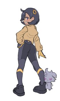 1girl absurdres ass black_bodysuit black_hair blush bodysuit bodysuit_under_clothes brown_jacket closed_mouth dark-skinned_female dark_skin emma_(pokemon) espurr gen_6_pokemon gloves grey_fur grimmelsdathird grin hair_ornament highres jacket latex latex_bodysuit looking_at_viewer looking_back nintendo open_mouth orange_gloves pokemon pokemon_(creature) pokemon_legends:_z-a purple_eyes short_hair simple_background smile two-tone_gloves white_background