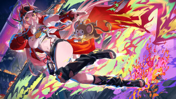 1girl banana baseball_cap belt black_hat black_nails black_shorts breasts commentary cropped_shirt english_commentary food fruit graffiti green_eyes grin hat horned_hat highres honkai:_star_rail honkai_(series) horned_hat index_finger_raised jacket kuji-in large_breasts long_hair long_sleeves looking_at_viewer midriff monkey navel pink_hair rappa_(honkai:_star_rail) red_jacket salmon88 shirt shorts smile solo spray_can stomach thighs toes white_shirt