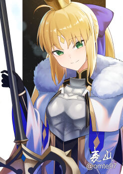 Rule 34 | 1girl, absurdres, ahoge, armor, armored dress, artoria caster (fate), artoria caster (third ascension) (fate), artoria pendragon (fate), black gloves, blonde hair, blue ribbon, blush, bracelet, breastplate, breasts, capelet, commentary request, crown, dress, facial mark, fate/grand order, fate (series), forehead mark, fur-trimmed capelet, fur trim, gloves, green eyes, hair ribbon, highres, jewelry, long hair, long sleeves, looking at viewer, marmyadose (fate), omte97, polearm, ribbon, small breasts, smile, solo, staff, thighs, twintails, weapon, white capelet, white dress, wide sleeves