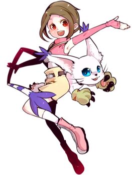1girl animal_ears animal_hands blue_eyes brown_hair cat digimon digimon_(creature) digimon_adventure digimon_adventure_02 fingerless_gloves full_body gloves looking_at_viewer open_mouth paw_gloves short_hair simple_background smile tail tailmon yagami_hikari