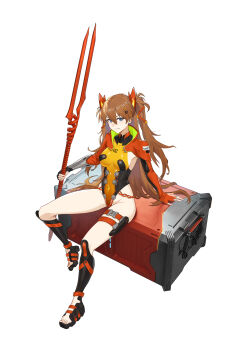 1girl blue_eyes breasts brown_hair cleavage cola-alter curvy elbow_gloves feet fingerless_gloves full_body gloves highleg highleg_leotard highres impossible_clothes impossible_leotard jacket lance_of_longinus_(evangelion) legs leotard long_hair looking_at_viewer medium_breasts multicolored_leotard neon_genesis_evangelion open_clothes open_jacket parted_lips red_jacket revealing_clothes shiny_clothes shiny_skin sitting smile solo souryuu_asuka_langley thighs toes turtleneck twintails two-tone_leotard wide_hips