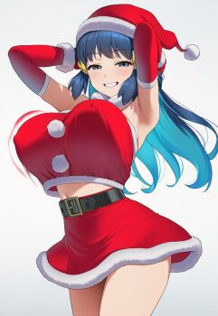 1girl blue_eyes blue_hair christmas dawn_(pokemon) hat highres long_hair looking_at_viewer nintendo pokemon santa_hat simple_background smile solo standing thighs ueponzu