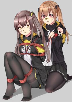 2girls 404_logo_(girls'_frontline) :3 anger_vein armband arms_behind_back bad_id bad_pixiv_id ball_gag bandaid bandaid_on_face bandaid_on_nose bandana bandana_around_neck bdsm black_bow black_jacket black_pantyhose black_ribbon black_skirt blush bondage bound bound_arms bound_legs bow brown_hair contrast_collar crossed_bangs double-parted_bangs dress_shirt female_focus frogtie full_body gag girls'_frontline grey_background hair_between_eyes hair_bow holding_gag hood hood_down hooded_jacket jacket kbkbkunbang kneeling layered_skirt long_hair long_sleeves looking_at_another multiple_girls neck_ribbon no_shoes one_side_up open_clothes open_jacket open_mouth pantyhose pleated_skirt red_eyes ribbon scar scar_across_eye scar_on_face shadow shibari shibari_over_clothes shirt sidelocks simple_background sitting skirt thighband_pantyhose twintails two-sided_fabric two-sided_jacket ump45_(girls'_frontline) ump9_(girls'_frontline) unworn_gag white_shirt yellow_armband yellow_eyes yellow_jacket yellow_skirt yuri