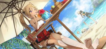 2boys 2girls alternate_hairstyle anya_alstreim artist_request ball bare_shoulders barefoot basket beach beach_umbrella beachball black_choker black_ribbon blonde_hair blue_eyes blue_sky breasts chair cherry choker cloud code_geass code_geass:_lost_stories collarbone comedic_sweatdrop crossed_legs cup day drink drinking drinking_glass drinking_straw dutch_angle feet female_focus flower food frilled_one-piece_swimsuit frills fruit game_cg gino_weinberg glint hair_between_eyes hair_ribbon hibiscus highres hot ice ice_cube kururugi_suzaku legs_together lila_la_britannia long_hair looking_afar melon mordred_(code_geass) mountainous_horizon multiple_boys multiple_girls non-web_source ocean official_art on_chair one-piece_swimsuit one_eye_closed orange_(fruit) orange_slice outdoors palm_tree pouch red_flower red_one-piece_swimsuit ribbon sand sidelocks sitting sky small_breasts soles solo_focus strapless strapless_one-piece_swimsuit sweat swimsuit table thigh_pouch thigh_strap throwing toes towel tree twintails umbrella watermelon watermelon_slice