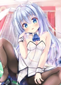 1girl absurdres animal_ears blue_eyes blue_hair breasts commentary_request cover cover_page detached_collar gochuumon_wa_usagi_desu_ka? high_heels highres kafuu_chino leotard long_hair neko_pan on_table pantyhose playboy_bunny poker_chip rabbit_ears solo spread_legs strapless strapless_leotard table white_leotard wrist_cuffs