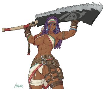 abs anchor_tattoo ankle_holster arm_pouch bandaged_fingers bandages beads belt dark-skinned_female dark_skin darli_dagger dreadlocks hair_beads hair_between_eyes hair_ornament halterneck highres huge_weapon madagascar multiple_belts muscular muscular_female purple_eyes samurai_spirits sarong saw saw_cleaver shardanic shoulder_tattoo simple_background snk solo tattoo tool_belt tools very_dark_skin weapon white_background