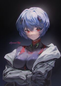 1girl absurdres ayanami_rei black_background blue_hair bodysuit character_name closed_mouth coat grey_bodysuit grey_coat hair_between_eyes highres long_sleeves mecha_pilot_suit neon_genesis_evangelion open_clothes open_coat plugsuit plugsuit_(evangelion) red_eyes short_hair solo timins upper_body