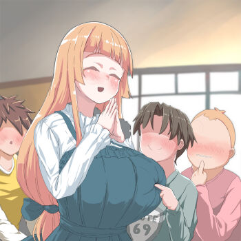1girl 3boys age_difference blonde_hair blush breasts brown_hair closed_eyes grabbing_from_behind happy huge_breasts imminent_gangbang long_hair looking_at_viewer multiple_boys original ponytail pt short_hair shota size_difference smile