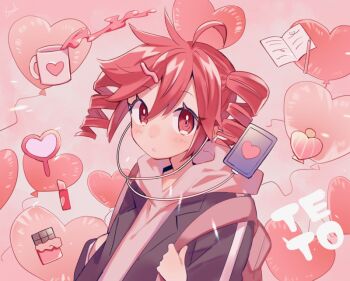 1girl ahoge alternate_costume artist_name backpack bag balloon black_hoodie character_name chocolate cup drill_hair hair_between_eyes hair_ornament heart_balloon hood hood_down hoodie kasane_teto liquid listening_to_music looking_at_viewer mirror mug parted_lips phone pink_hood red_eyes red_hair red_theme short_hair solo twin_drills utau yuusuke-kun