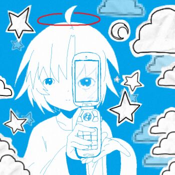 1girl absurdres ahoge camera_phone cellphone chewchewer closed_mouth cloud collarbone colored_skin commentary crescent dress english_commentary flip_phone halo highres holding holding_phone long_sleeves looking_at_viewer nyan_(chewchewer) original phone red_halo short_hair smile solo star_(symbol) upper_body white_dress white_hair white_skin wide_sleeves