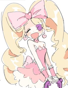 1girl bare_shoulders big_hair blonde_hair bow dress drill_hair earrings eyepatch hair_bow harime_nui heart heart_earrings jewelry kill_la_kill long_hair open_mouth pink_bow pink_dress smile solo strapless strapless_dress twin_drills twintails wrist_cuffs yabasoba