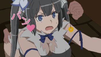 1girl 1other 20s animated animated_gif arm_support bent_over black_hair blue_eyes blue_ribbon bottomless bouncing bouncing_breasts breasts cleavage disembodied_hand dress dungeon_ni_deai_wo_motomeru_no_wa_machigatteiru_darou_ka female_focus hair_ornament hair_ribbon hand_on_ass heart hestia_(danmachi) holding hypnosis japanese_text large_breasts long_hair looking_at_viewer looping_animation masashi_shiroi mind_control minidress necktie open_mouth pendulum pixel_art ribbon sexually_suggestive solo_focus staring sweat swinging twintails watching white_dress