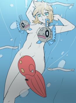 1girl absurdres air_bubble aqua_eyes blonde_hair breasts bubble censored colored_skin completely_nude convenient_censoring feebas gen_2_pokemon gen_3_pokemon gym_leader hair_between_eyes highres legs medium_breasts micharie misty_(pokemon) monster_girl navel nintendo novelty_censor nude octillery pokemon pokemon_hgss short_hair thick_thighs thighs underwater underwater_sex water