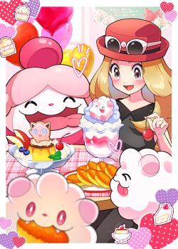 1girl :d absurdres balloon blonde_hair blurry blurry_foreground blush cherry collared_shirt commentary_request dessert eyewear_on_headwear food fruit gen_1_pokemon gen_6_pokemon happy hat heart highres holding jigglypuff long_hair looking_down nintendo open_mouth plate pokemon pokemon_(creature) pokemon_xy pon_yui red_hat serena_(pokemon) shirt slurpuff smile sunglasses swirlix table tongue