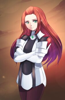 1girl absurdres black_gloves black_pantyhose closed_mouth commentary cosplay crossed_arms elhaym_van_houten elhaym_van_houten_(cosplay) english_commentary eyelashes gloves green_eyes highres light_frown long_hair monolith_soft nintendo orange_hair pantyhose sean_sorey shania_(xenoblade) solo square_enix standing v-shaped_eyebrows xeno_(series) xenoblade_chronicles_(series) xenoblade_chronicles_3 xenogears