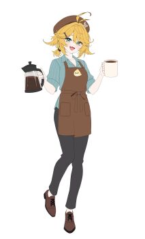 Rule 34 | 1girl, :d, absurdres, ahoge, alternate costume, apron, aqua eyes, aqua hair, artist request, barista, beret, black pants, blonde hair, brown apron, brown hat, brown shoes, coffee, cup, dokibird, dokibird (bounty hunter), dragoon (dokibird), fang, full body, hair ornament, hairclip, hat, highres, holding, holding coffee pot, holding cup, indie virtual youtuber, medium hair, mug, open mouth, pants, shirt, shoes, simple background, skin fang, sleeves rolled up, smile, solo, standing, striped clothes, striped shirt, untucked shirt, vertical-striped clothes, vertical-striped shirt, virtual youtuber, white background