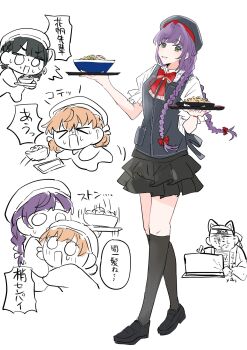 >_< 3girls ^^^ alternate_costume alternate_hairstyle apron artist_self-insert beret black_apron black_hat black_skirt black_socks bowl braid catching cerise_bouquet chibi chibi_inset commentary double_bun dropping food frilled_skirt frills full_body green_eyes grin hachiban_ramen hachiban_ramen_uniform hair_bun hat highres hinoshita_kaho holding holding_tray kneehighs layered_skirt link!_like!_love_live! long_hair love_live! miniskirt momose_ginko multiple_girls noodles official_alternate_costume official_alternate_hairstyle open_mouth otomune_kozue puffy_short_sleeves puffy_sleeves ramen shirt short_sleeves simple_background skirt smile socks solo_focus speech_bubble tray twin_braids very_long_hair virtual_youtuber white_background white_shirt zuisetsu