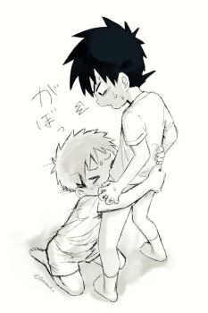 &gt;_&lt; 2boys barefoot bottomless fellatio hug hug_and_suck kimura_b kneeling looking_down male_focus monochrome motion_lines multiple_boys open_mouth oral original short_hair shota socks surprised twitter_username waist_hug yaoi