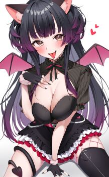 1girl absurdres animal_ear_fluff animal_ears black_dress black_gloves black_hair black_shrug black_thighhighs blush breasts brown_eyes cleavage collarbone commentary_request commission cowboy_shot demon_girl demon_tail demon_wings dress fingerless_gloves frilled_dress frills gawawawa gloves gradient_hair hand_on_own_chest heart highres large_breasts long_hair looking_at_viewer multicolored_hair open_mouth original purple_hair short_sleeves shrug_(clothing) simple_background single_fishnet_legwear single_thighhigh skeb_commission smile solo tail thighhighs tongue tongue_out white_background wings