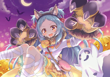 1girl absurdres animal_ear_fluff animal_ears animal_hands bat_(animal) blue_hair blush fake_animal_ears fang female_focus halloween highres jack-o&#039;-lantern long_hair looking_at_viewer miyako_(halloween)_(princess_connect!) miyako_(princess_connect!) moon neck_bell night open_mouth princess_connect! pumpkin solo xuan_chu