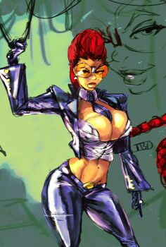 1girl artist_name belt between_breasts black_gloves braid braided_ponytail breasts buttoned_cuffs buttons capcom cleavage collared_jacket collared_shirt cowboy_shot crimson_viper crop_top earrings formal_clothes glasses gloves green_background highres ibdinosaur jacket jewelry large_breasts lips long_hair long_sleeves mature_female midriff navel necktie pants red_hair shiny_clothes shiny_skin shirt skin_tight smile street_fighter street_fighter_iv_(series) suit thick_thighs thighs tight_clothes tight_pants tinted_eyewear toned wire