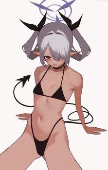 Rule 34 | 1girl, absurdres, anemoneeanemone, bare arms, bare legs, bare shoulders, bikini, black bikini, black choker, black ribbon, blue archive, choker, dark-skinned female, dark skin, demon tail, flat chest, grey hair, hair over one eye, hair ribbon, halo, highleg, highleg bikini, highres, iori (blue archive), leaning back, long pointy ears, looking at viewer, navel, open mouth, pointy ears, purple halo, red eyes, ribbon, simple background, sitting, solo, stomach, string bikini, swimsuit, tail, twintails, white background