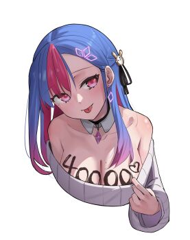 1girl absurdres asymmetrical_bangs bare_shoulders bing_hayu black_choker blue_hair body_writing breasts choker cleavage clock_hair_ornament closed_mouth collar colored_inner_hair commentary_request cropped_torso detached_collar godoaru gradient_hair highres korean_commentary large_breasts long_sleeves luvdia mole mole_on_breast multicolored_hair off-shoulder_sweater off_shoulder pink_hair simple_background solo sweater tongue tongue_out two-tone_hair virtual_youtuber white_background white_collar white_sweater wings