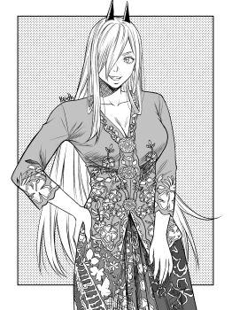 1girl artist_name breasts chainsaw_man cleavage commentary cross-shaped_pupils crosshatching english_commentary floral_print hair_over_one_eye hatching_(texture) highres horns kebaya kei_dragonsheaven long_hair power_(chainsaw_man) smile symbol-shaped_pupils